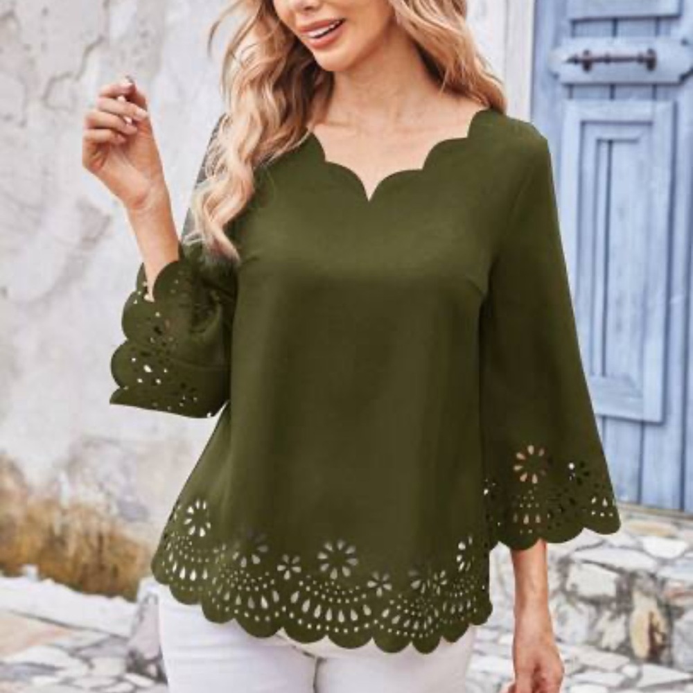 Emery Rose Laser Cut Scalloped Top Blouse Size‎ XL NWT